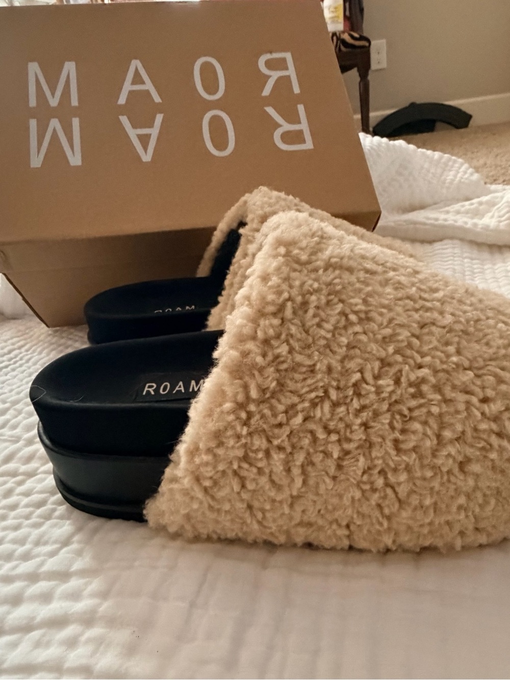 ROAM Beige Faux-Shearling Slide Slippers with Black Footbed